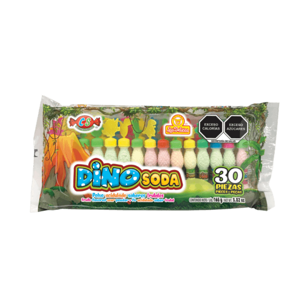 Bolsa de Dino Soda con 30 botellas de polvo acidulado sabor frutas.