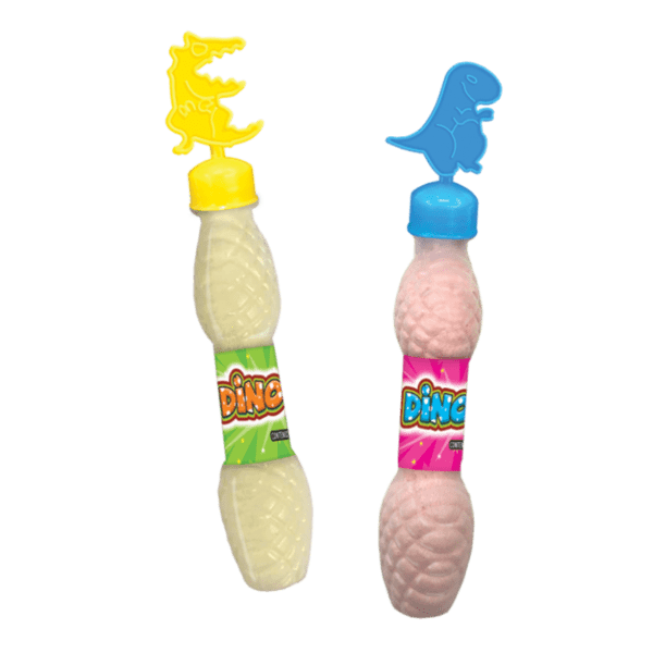 Botellas individuales de Dino Soda con polvo acidulado sabor frutas y tapas de dinosaurio.