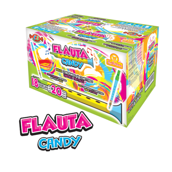 Caja de Flauta Candy con dulces comprimidos y confitados de sabores frutales