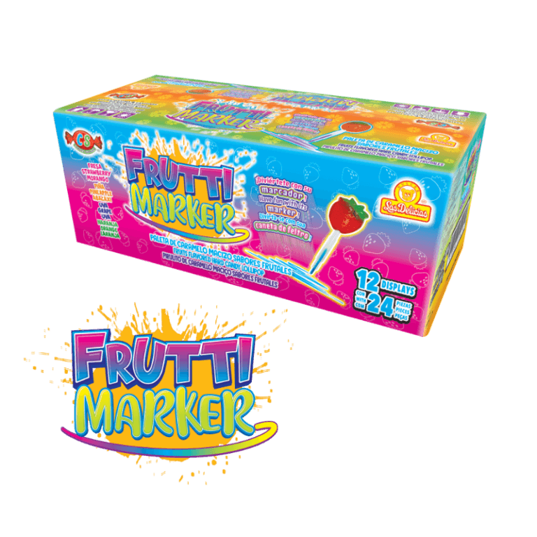 Caja de Frutti Marker con paletas de caramelo y marcadores lavables