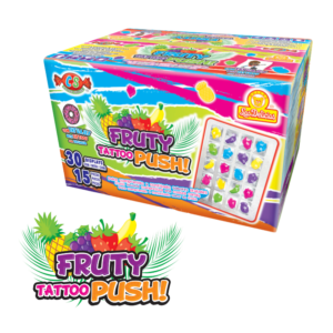 Caja de Fruty Tattoo Push! con dulces comprimidos y confitados de sabores frutales