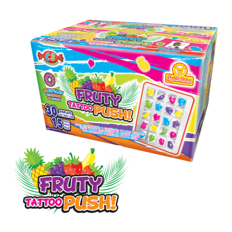 Caja de Fruty Tattoo Push! con dulces comprimidos y confitados de sabores frutales