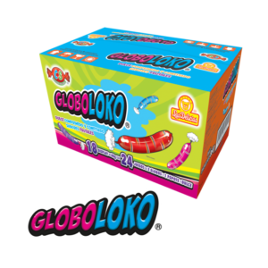 Caja de GloboLoko con dulces comprimidos y confitados de sabores frutales y globos.