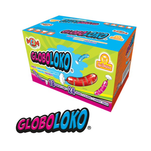 Caja de GloboLoko con dulces comprimidos y confitados de sabores frutales y globos.