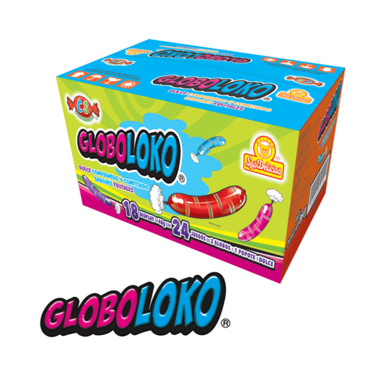 Caja de GloboLoko con dulces comprimidos y confitados de sabores frutales y globos.