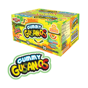 Caja de Gummy Gusanos con gomitas de sabores frutales en forma de gusanos