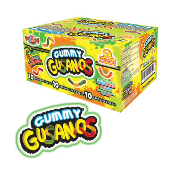 Caja de Gummy Gusanos con gomitas de sabores frutales en forma de gusanos