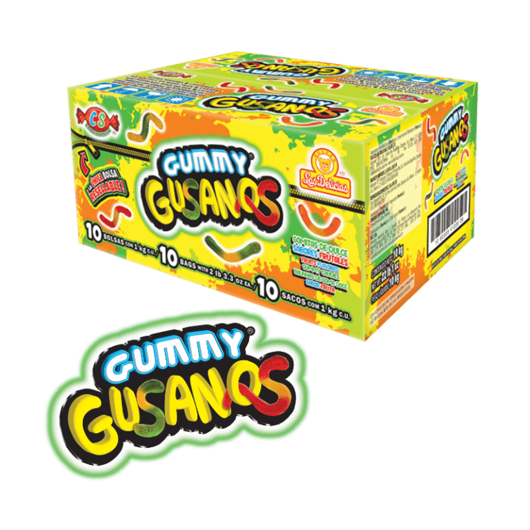 Caja de Gummy Gusanos con gomitas de sabores frutales en forma de gusanos