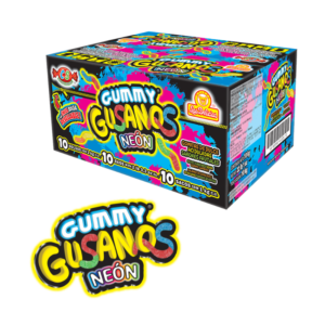 Caja de Gummy Gusanos Neón con gomitas aciduladas de sabores frutales