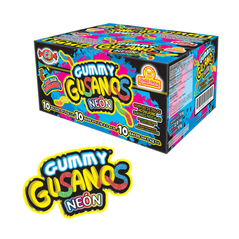 Caja de Gummy Gusanos Neón con gomitas aciduladas de sabores frutales