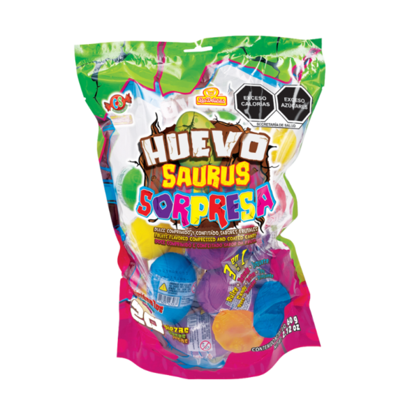 Bolsa de Huevo Saurus Sorpresa con dulces comprimidos y confitados de sabores frutales y juguetes de dinosaurios