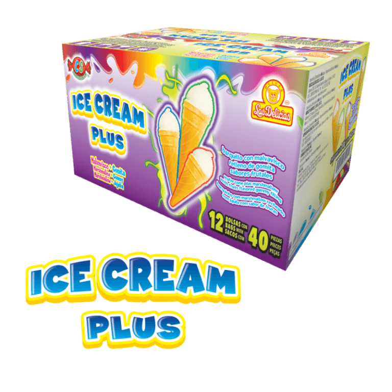 Caja de Ice Cream Plus con barquillos de malvavisco y gomita de sabores frutales