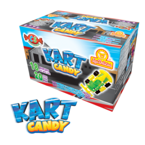 Caja de Kart Candy con dulces comprimidos y confitados de sabores frutales y coches de juguete.