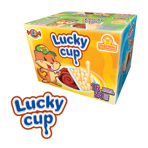 Caja de Lucky Cup con galletas y caramelo sabor chocolate.