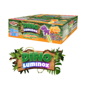Caja de Dino Luminox con paletas de caramelo macizo sabor a frutas.