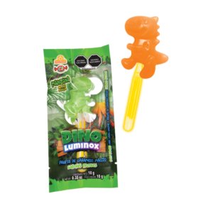 Paleta individual de Dino Luminox con caramelo macizo sabor a frutas.