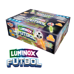 Caja de Luminox Futbol con paletas de caramelo macizo sabor a frutas.