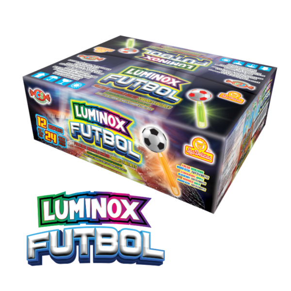 Caja de Luminox Futbol con paletas de caramelo macizo sabor a frutas.