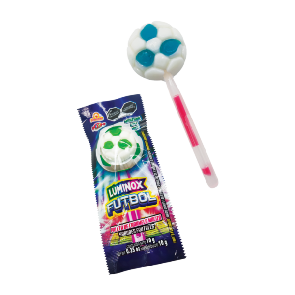 Paleta individual de Luminox Futbol con caramelo macizo sabor a frutas.