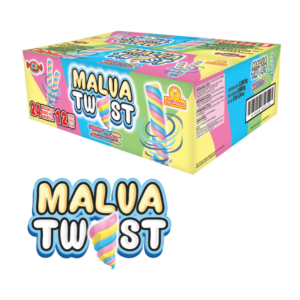 Caja de Malva Twist con malvaviscos sabor vainilla en forma de espiral.