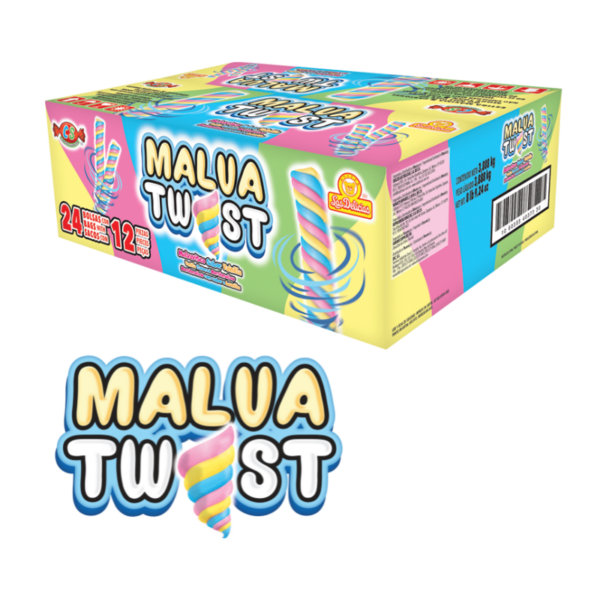 Caja de Malva Twist con malvaviscos sabor vainilla en forma de espiral.