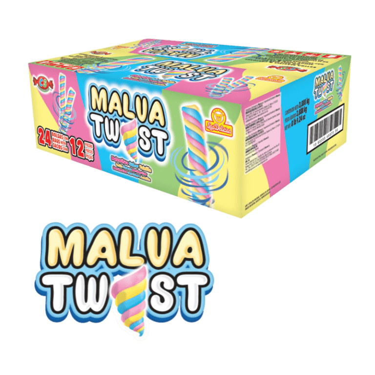 Caja de Malva Twist con malvaviscos sabor vainilla en forma de espiral.