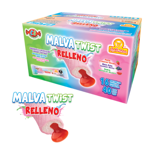 Caja de Malva Twist Relleno con malvaviscos sabor frutal con relleno.