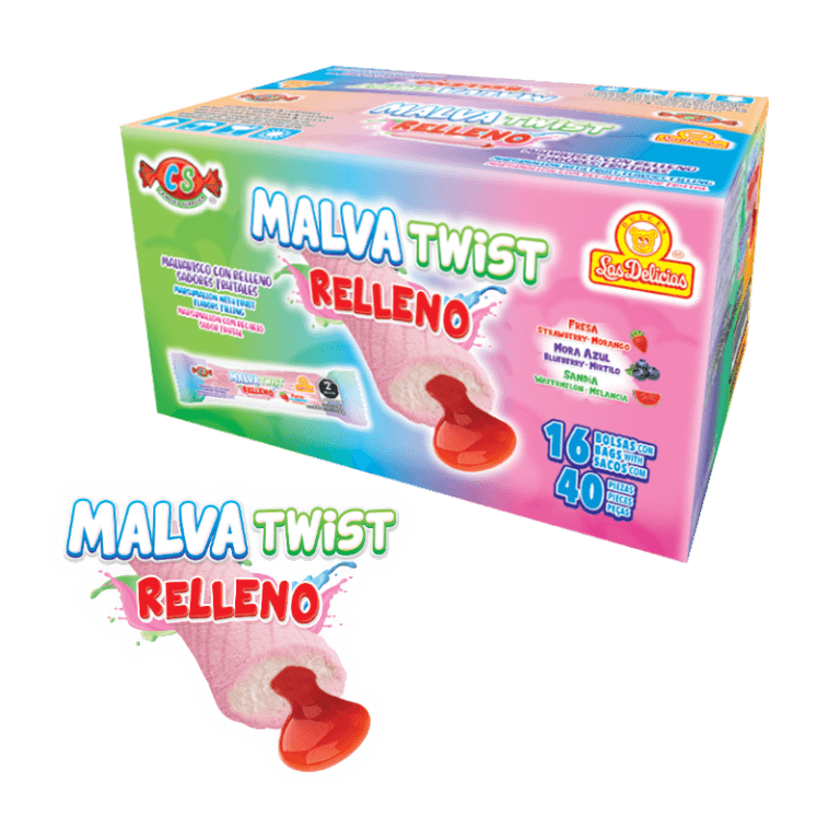 Caja de Malva Twist Relleno con malvaviscos sabor frutal con relleno.