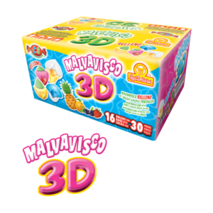 Caja de Malvavisco 3D con malvaviscos rellenos de jalea de sabores frutales.