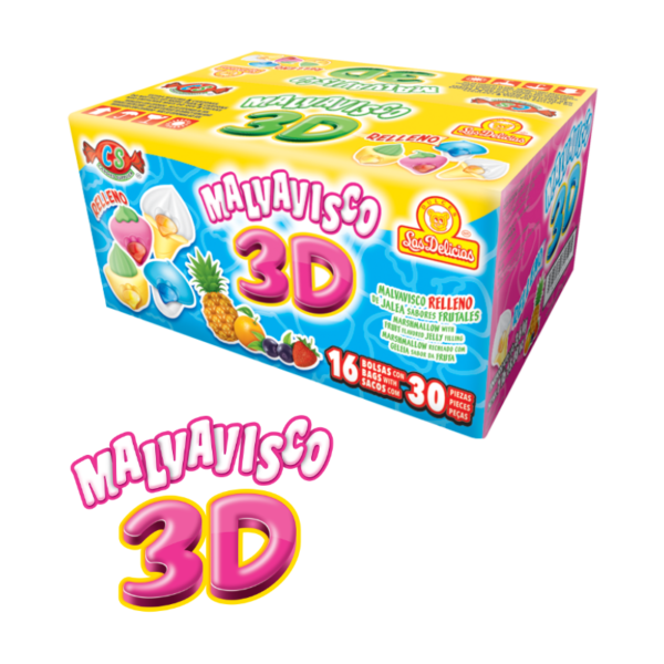 Caja de Malvavisco 3D con malvaviscos rellenos de jalea de sabores frutales.