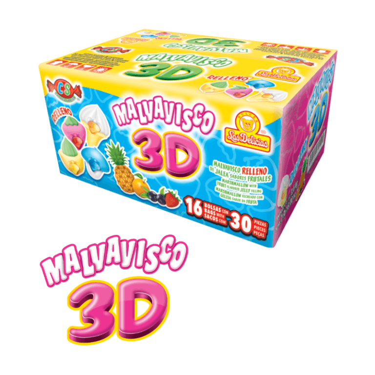Caja de Malvavisco 3D con malvaviscos rellenos de jalea de sabores frutales.