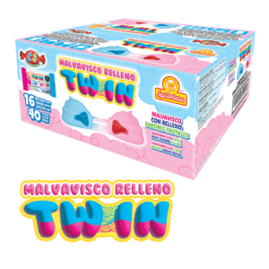 Caja colorida de Malvavisco Relleno Twin con variedad de sabores.