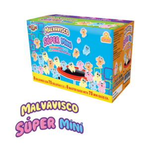 Caja de Malvavisco Súper Mini con malvaviscos de sabores frutales.