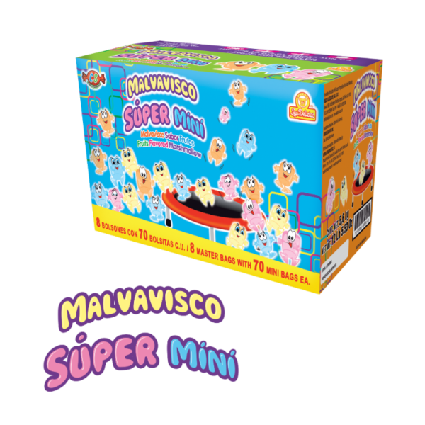 Caja de Malvavisco Súper Mini con malvaviscos de sabores frutales.