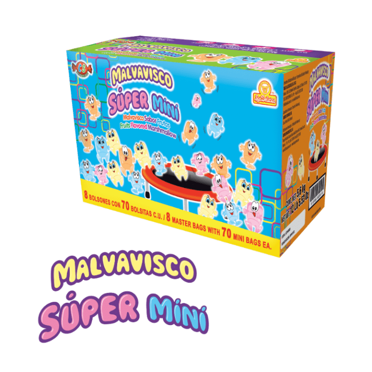 Caja de Malvavisco Súper Mini con malvaviscos de sabores frutales.