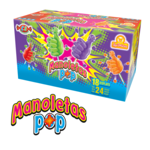 Caja colorida de Manoletas Pop con lollipops de sabores frutales.