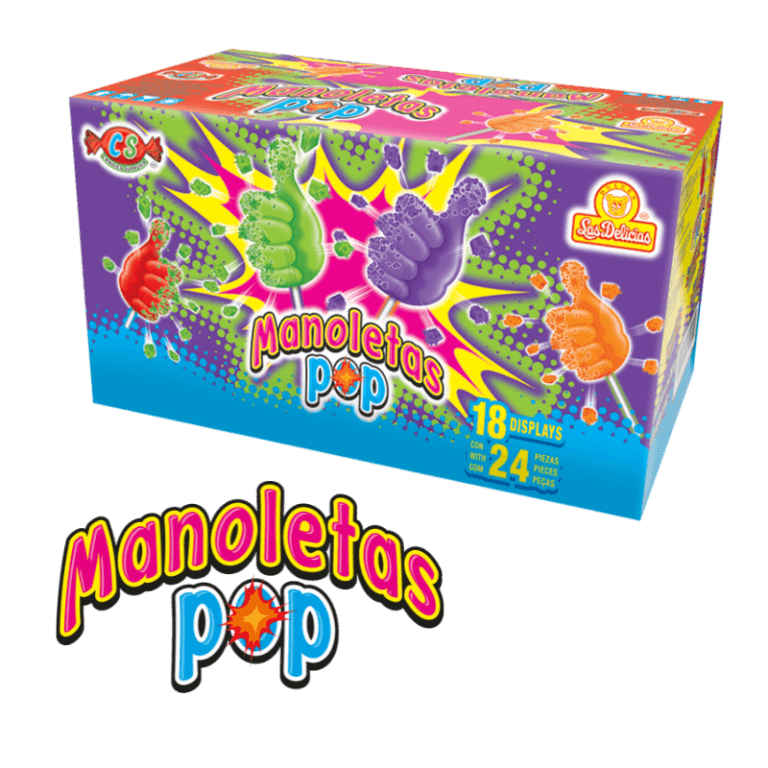 Caja colorida de Manoletas Pop con lollipops de sabores frutales.