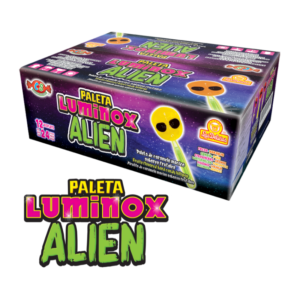 Caja de Paleta Luminox Alien con paletas de caramelo macizo sabor a frutas.