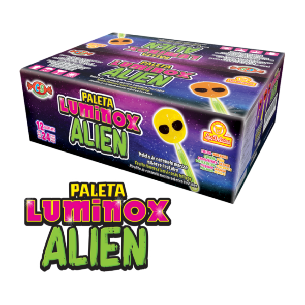 Caja de Paleta Luminox Alien con paletas de caramelo macizo sabor a frutas.