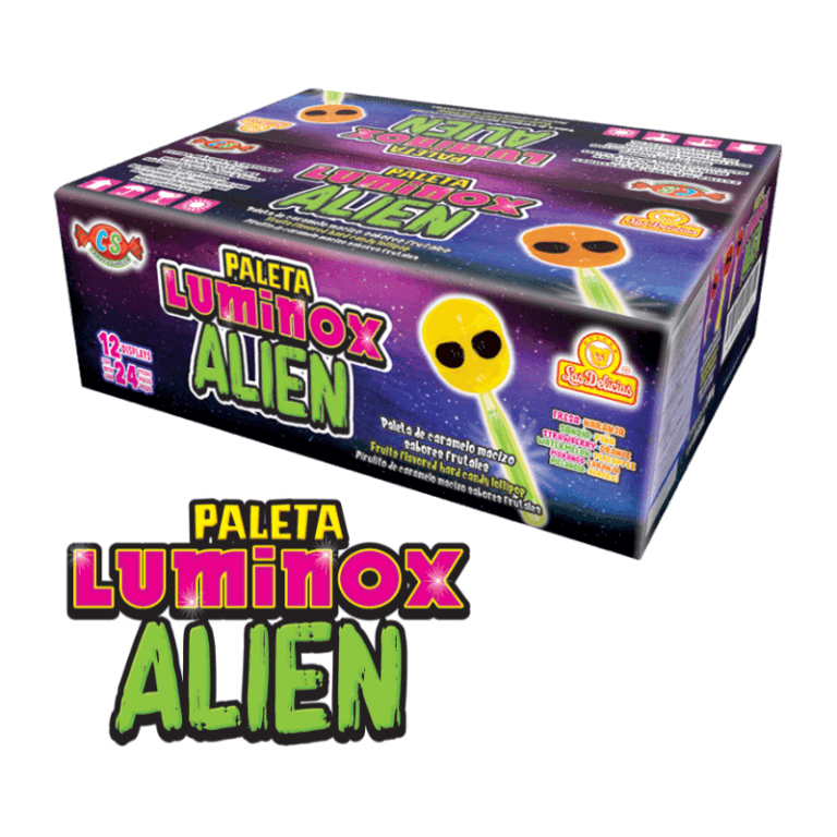 Caja de Paleta Luminox Alien con paletas de caramelo macizo sabor a frutas.