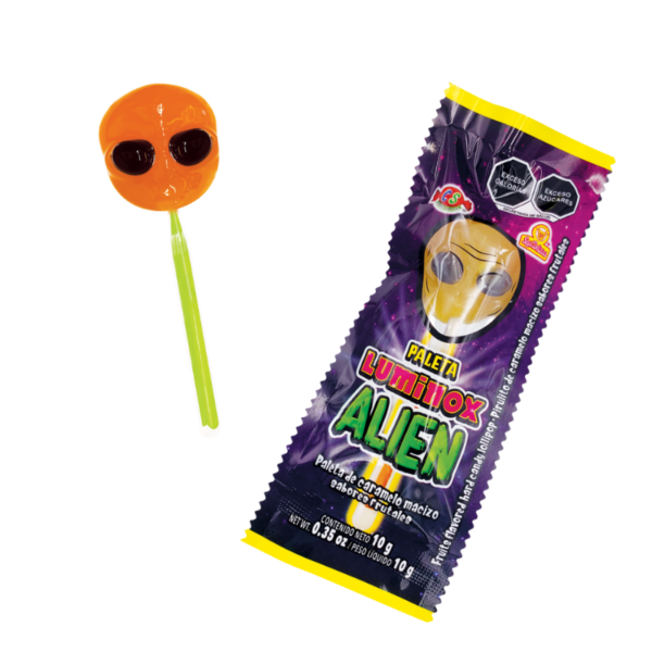 Paleta individual de Paleta Luminox Alien con caramelo macizo sabor a frutas.