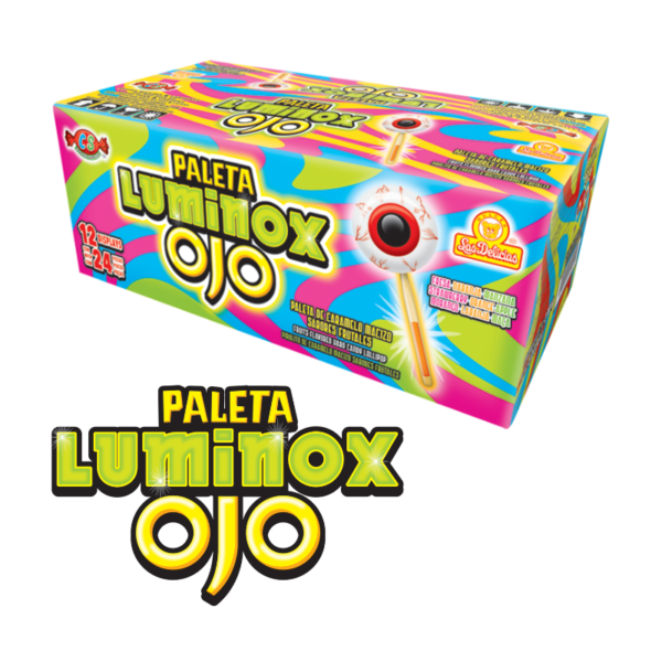 Caja de Paleta Luminox Ojo con paletas de caramelo macizo sabor a frutas.