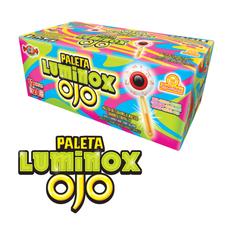 Caja de Paleta Luminox Ojo con paletas de caramelo macizo sabor a frutas.