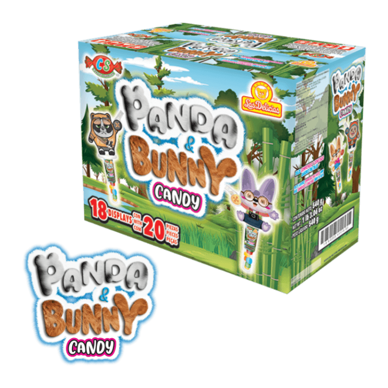 Caja de Panda & Bunny Candy en diseño colorido.