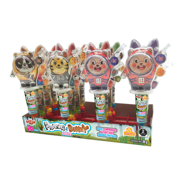 Display de Panda & Bunny Candy con varios personajes.