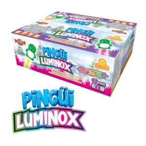 Caja de Pingüi Luminox con paletas de caramelo macizo sabor a frutas.