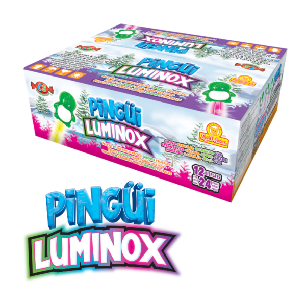 Caja de Pingüi Luminox con paletas de caramelo macizo sabor a frutas.