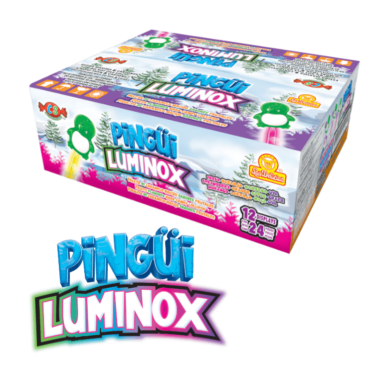 Caja de Pingüi Luminox con paletas de caramelo macizo sabor a frutas.