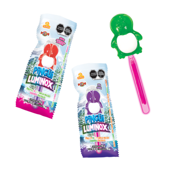 Paleta individual de Pingüi Luminox con caramelo macizo sabor a frutas.