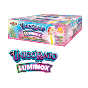 Caja de Unicornio Luminox con paletas de caramelo mazizo de sabores frutales.